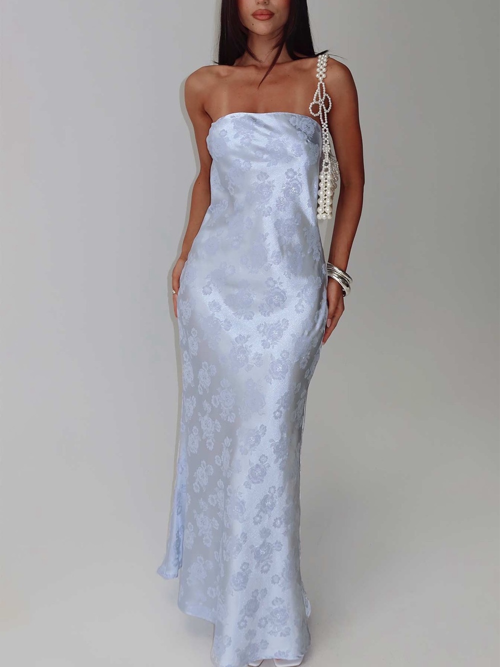 Strapless Light Blue Floral Jacquard Maxi Dress